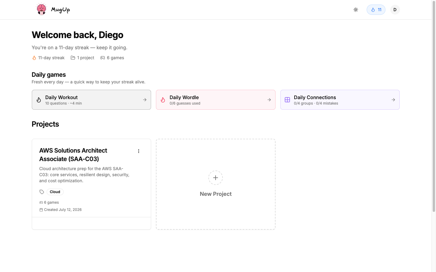 The MugUp dashboard for an AWS certification study deck