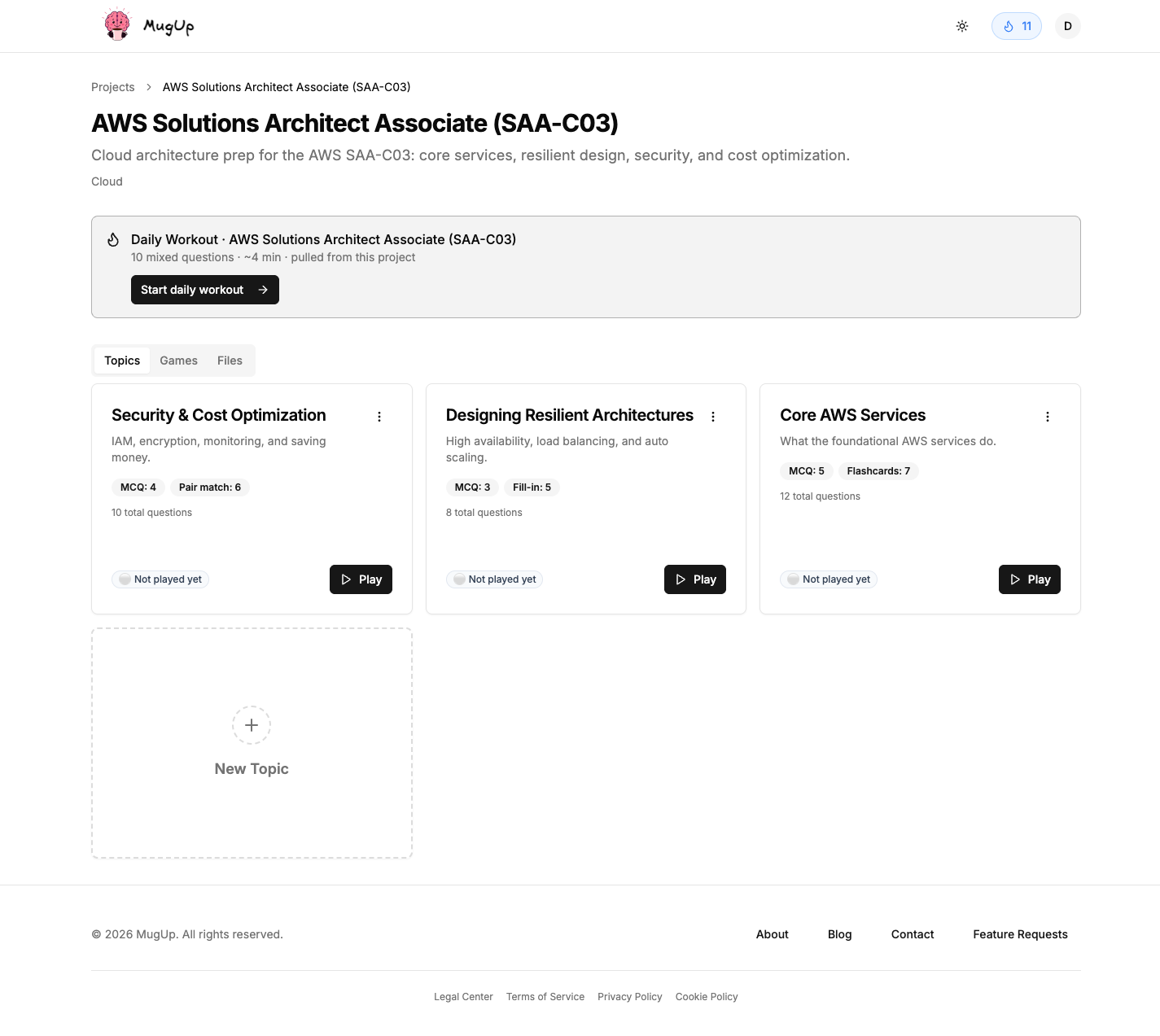 An AWS SAA-C03 study deck organized into topics in MugUp
