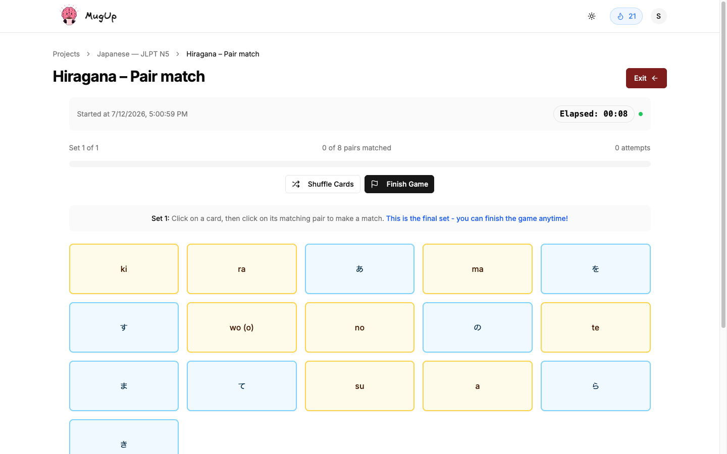 A hiragana matching game in MugUp